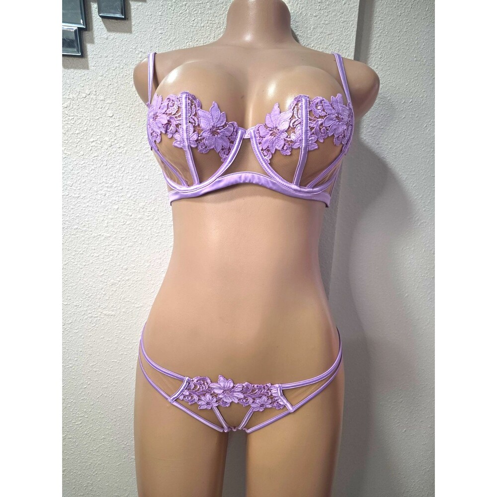 Purple Floral Lace Sheer Underwired Balconette Bra Set Adjustable Straps 34C